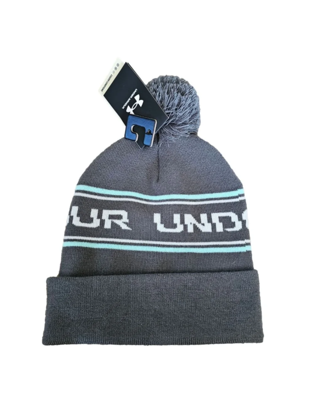 Under Armour Unisex Pom Beanie Hat Gray Light Blue OSFA